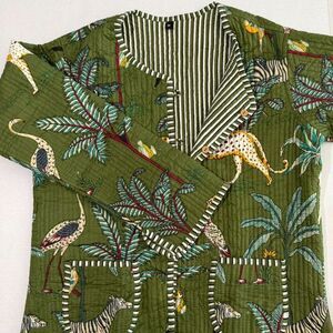 Olive Green Indian Quilted Jacket Jungle Striped Print, M, Handmade Eclectic